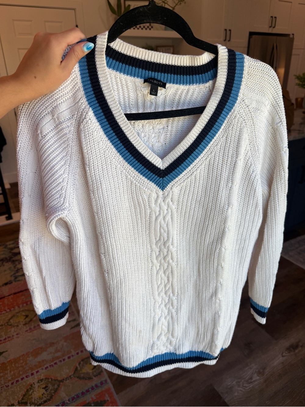 Talbots Cream Cable-Knit V-Neck Sweater with Blue and Navy Trim